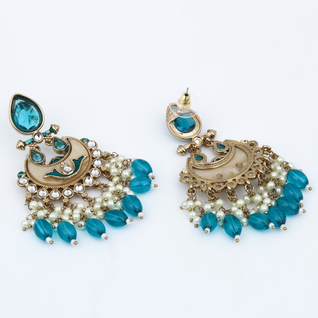 Gold-Plated Meenakari Chandbali Earrings with Kundan & Pearl Drops - Teal