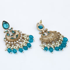 Gold-Plated Meenakari Chandbali Earrings with Kundan & Pearl Drops - Teal