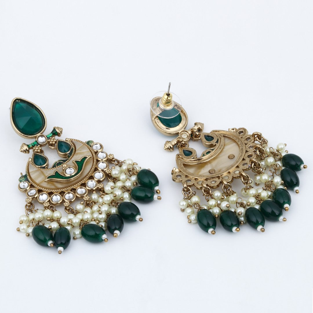 Gold-Plated Meenakari Chandbali Earrings with Kundan & Pearl Drops - Green
