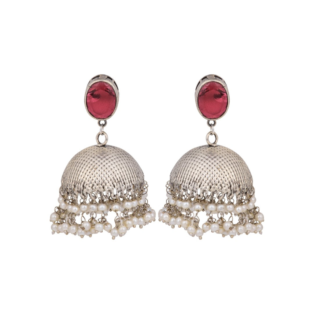 Elegant Silver Oxidised Red Stone Jhumka