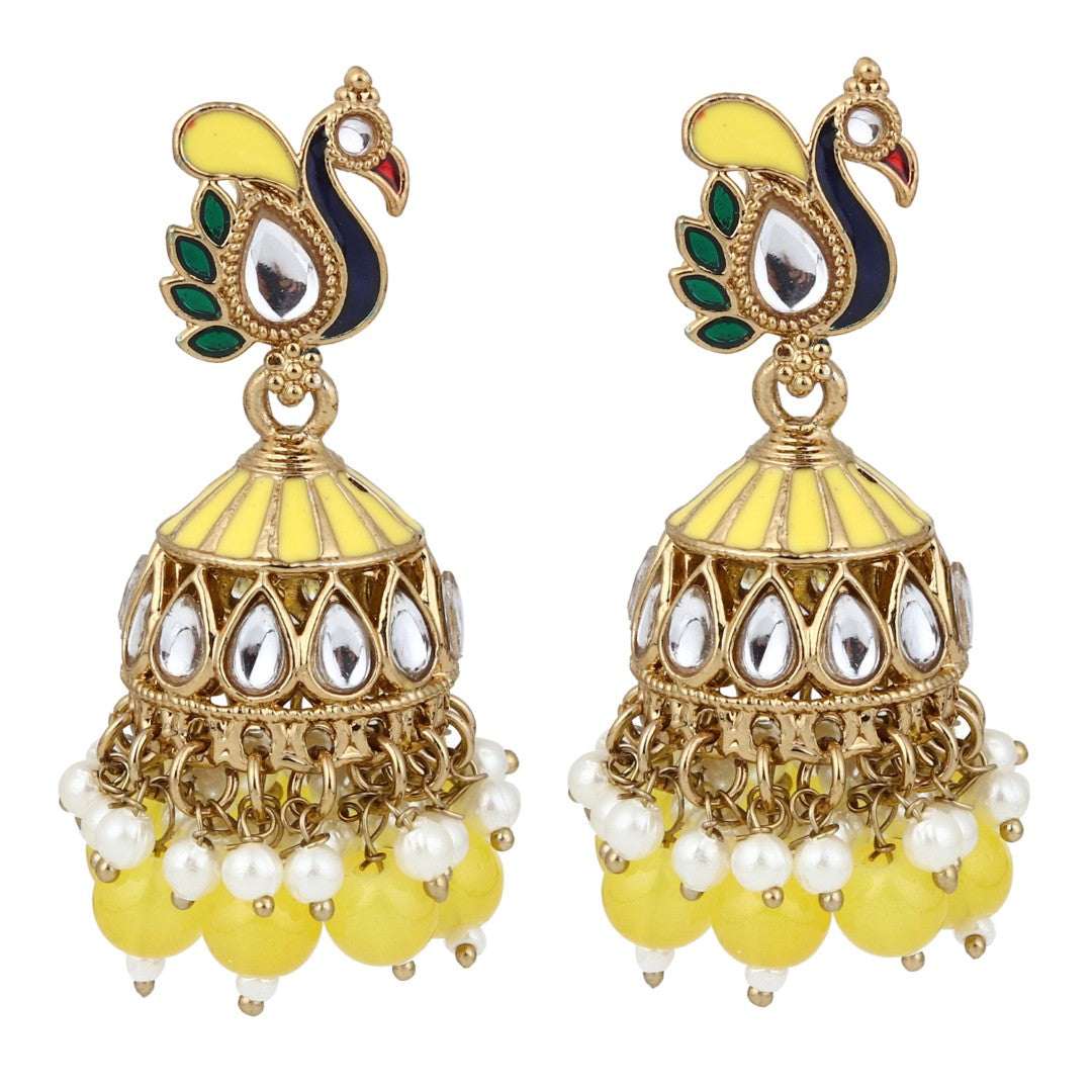 Peacock-inspired jhumka earrings- Yellow