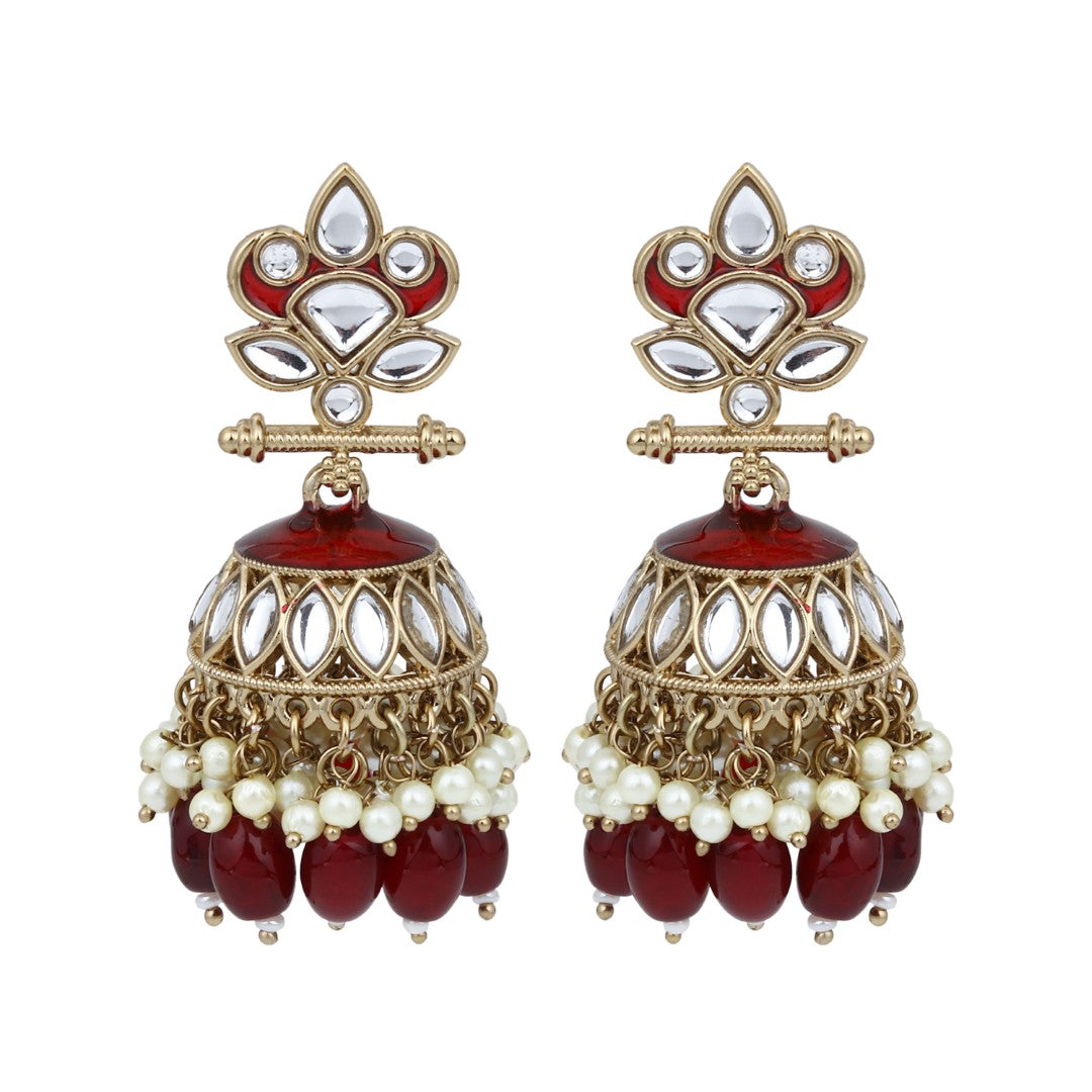 Gold plated Kundan & Meenakari Jhumka Earrings - Red