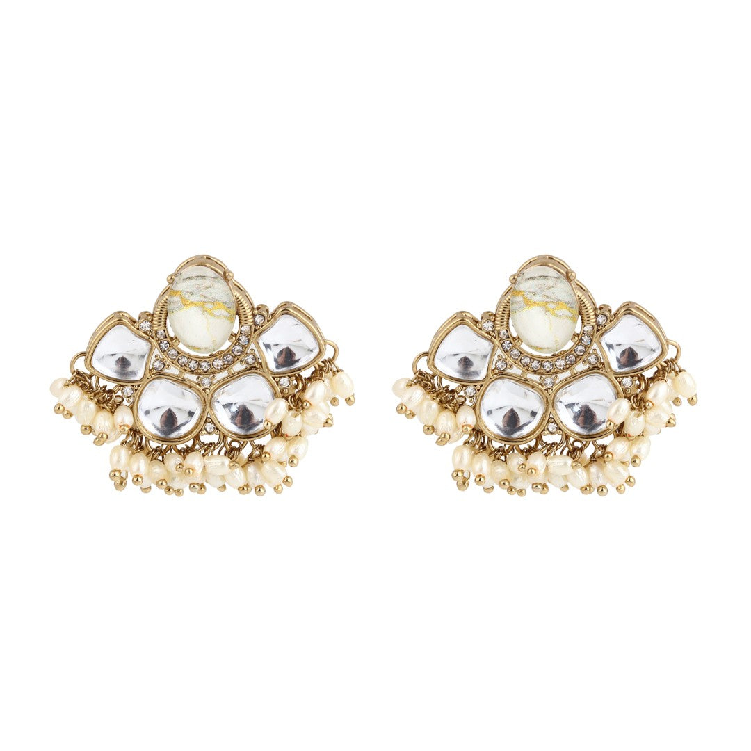 Gold-Plated White Kundan Half Chandbali Earrings