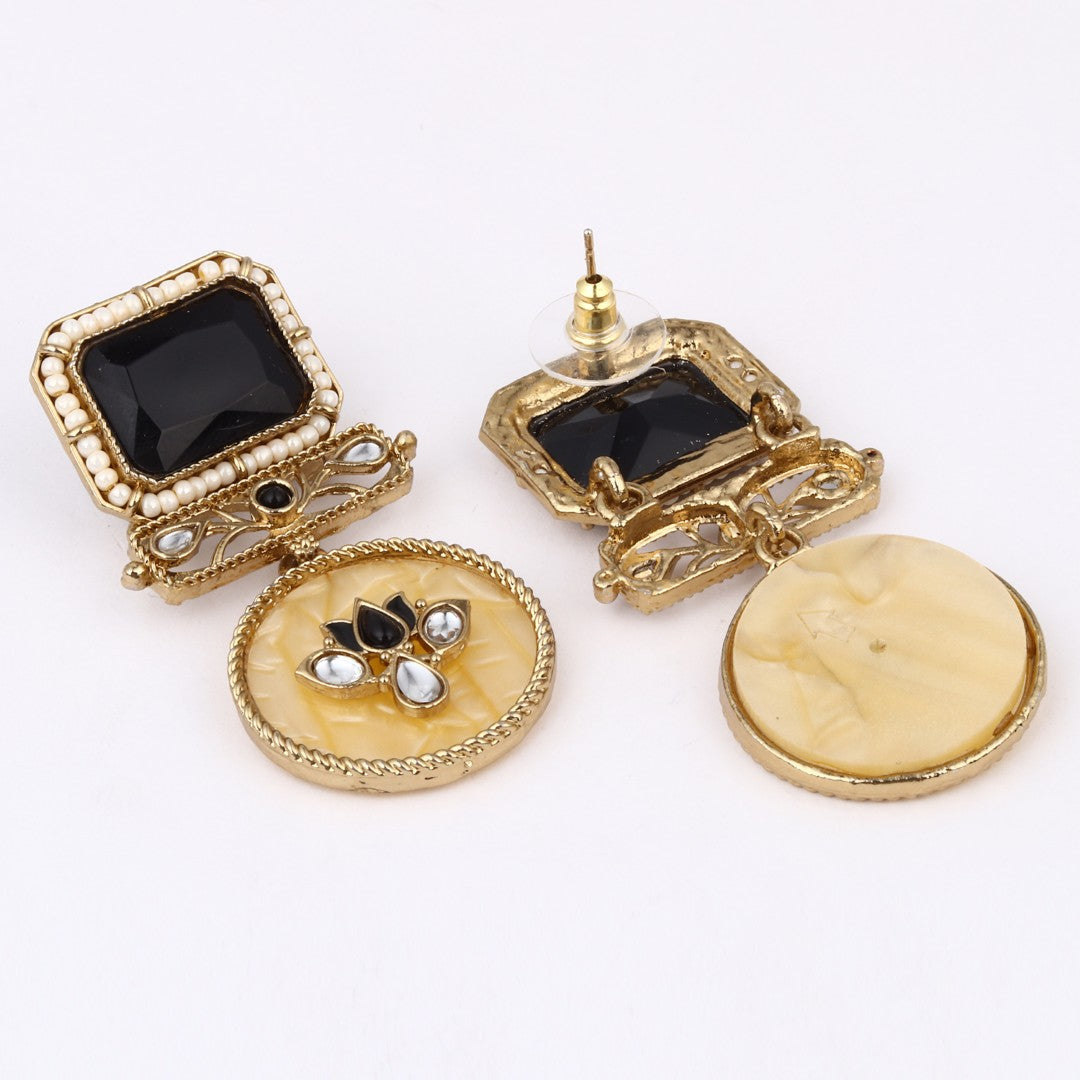 Gold-Plated Geometric Drop Earrings with MOP Filigree Black