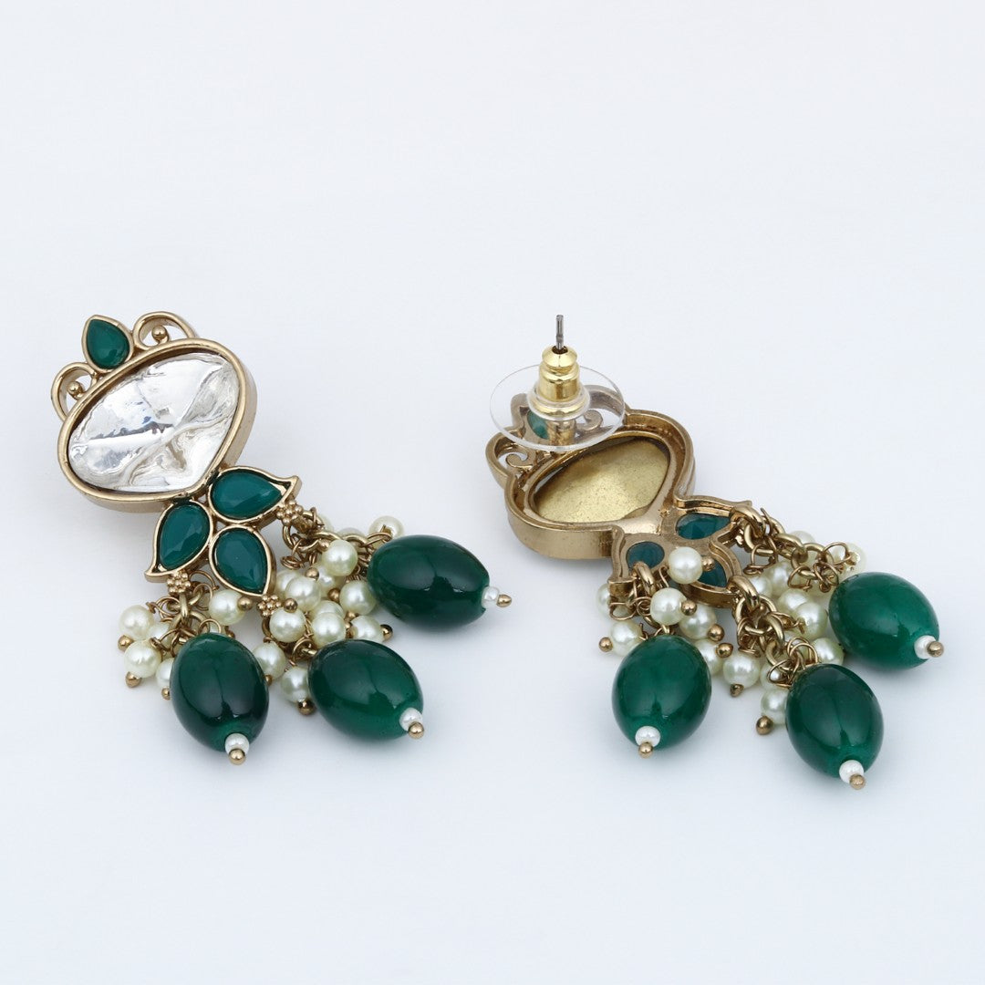 Gold plated Kundan & Pearl drop Earrings- Green