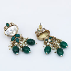 Gold plated Kundan & Pearl drop Earrings- Green