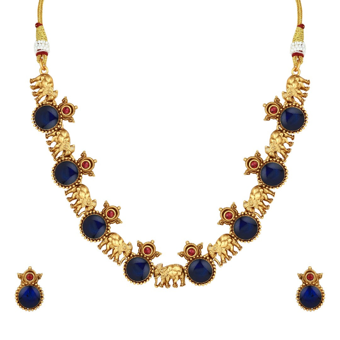 Gold plated Meenakari & Elephant Motif Necklace set - Blue