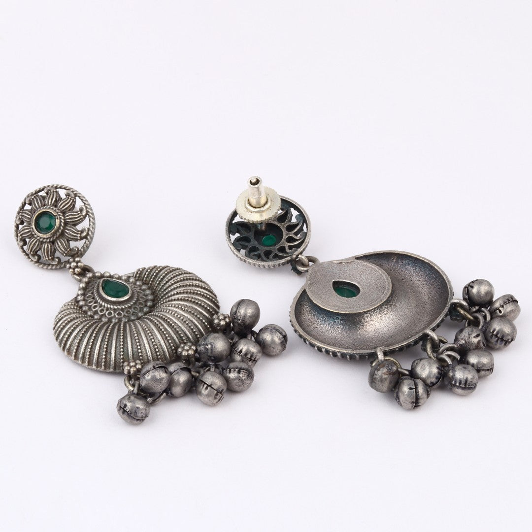 Silver oxidised finish chandbali Green