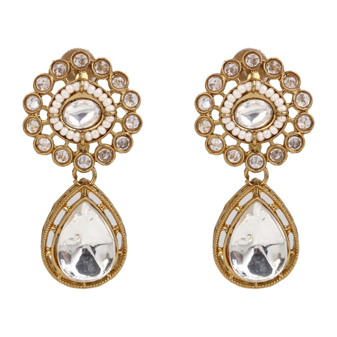 Gold plated Flower Stud with tear drop earring - White