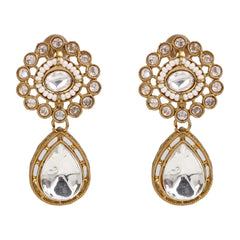 Gold plated Flower Stud with tear drop earring - White