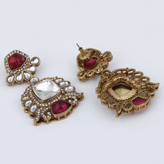 Gold plated kundan Drop Earrings red