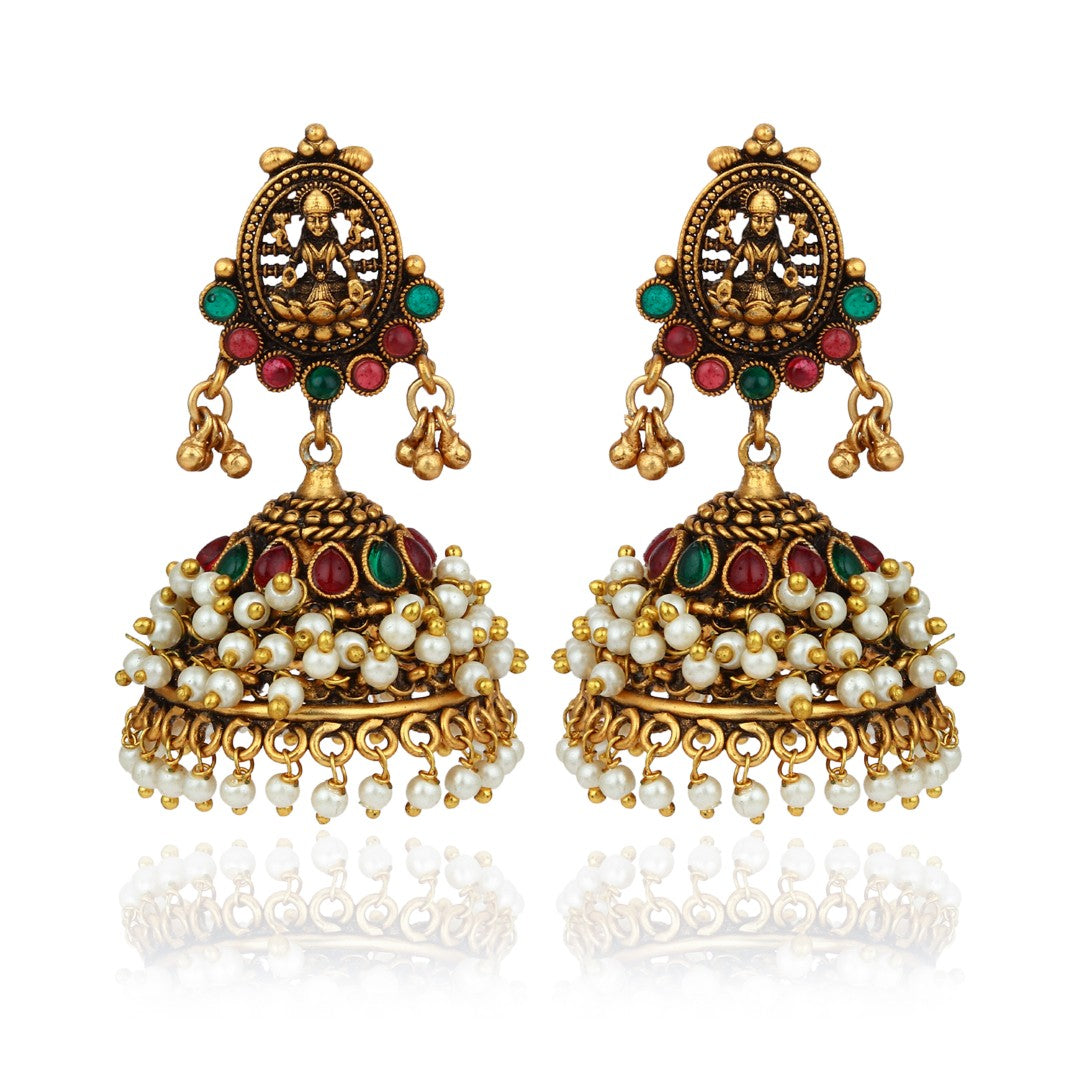 Gold Plated Red & green stone Jhumka Earring