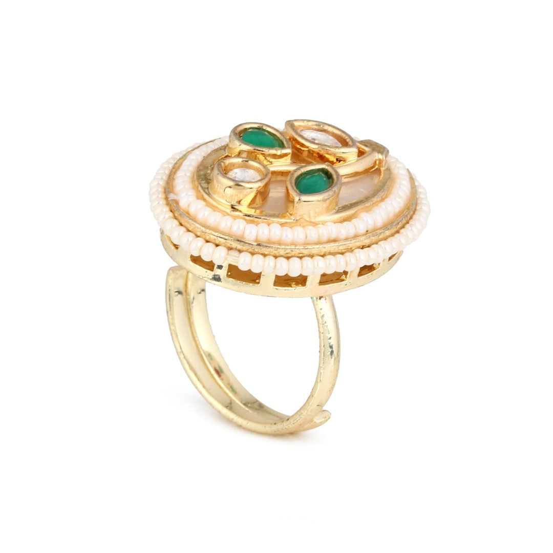 Oval Mother of Pearl Leaf Motif Brass Ring