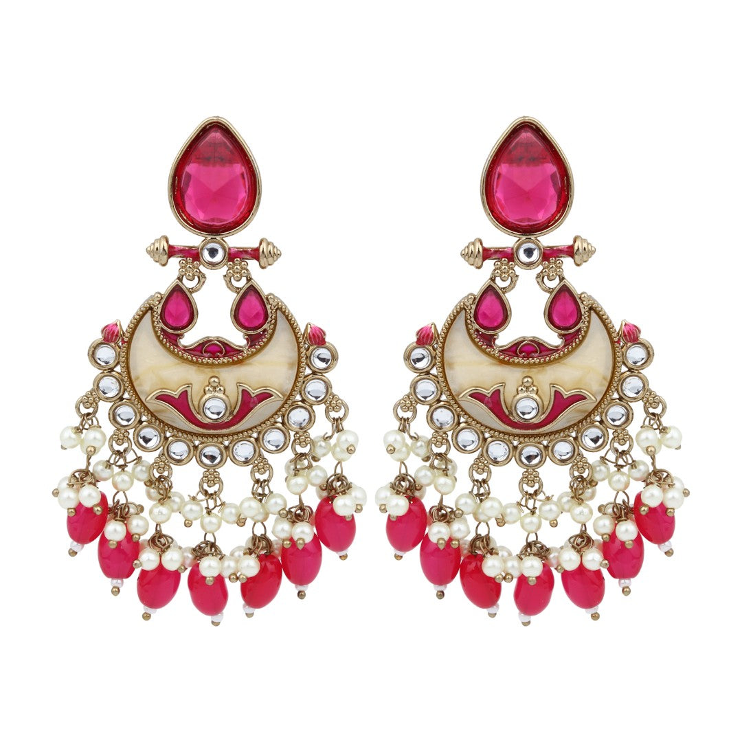 Gold-Plated Meenakari Stud Earrings with Kundan & Pearl Cluster drops - pink