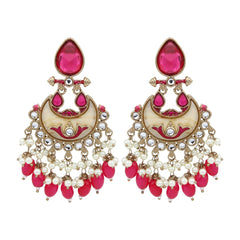 Gold-Plated Meenakari Stud Earrings with Kundan & Pearl Cluster drops - pink