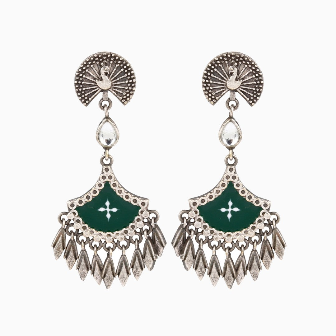 Silver Oxidised finish Green hand painted drop earring