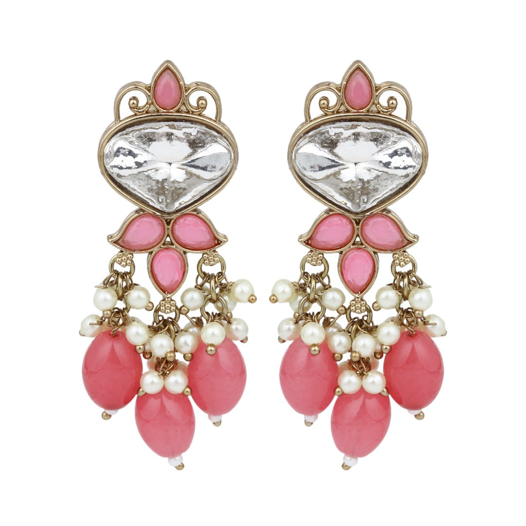 Gold plated Kundan & Pearl drop Earrings- Pink