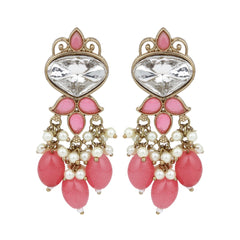 Gold plated Kundan & Pearl drop Earrings- Pink
