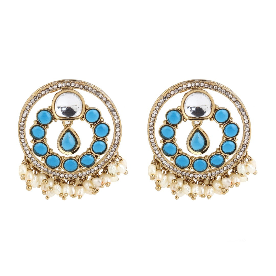 Regal Kundan Pearl Chandbali Earrings - blue