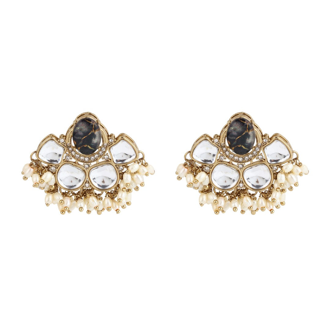 Gold-Plated Black Kundan Half Chandbali Earrings