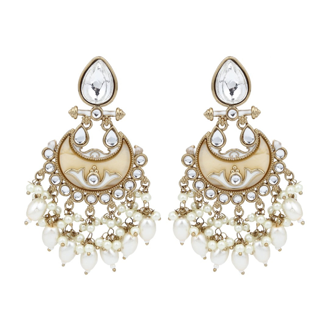 Gold-Plated Meenakari Chandbali Earrings with Kundan & Pearl Drops - White