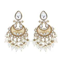 Gold-Plated Meenakari Chandbali Earrings with Kundan & Pearl Drops - White