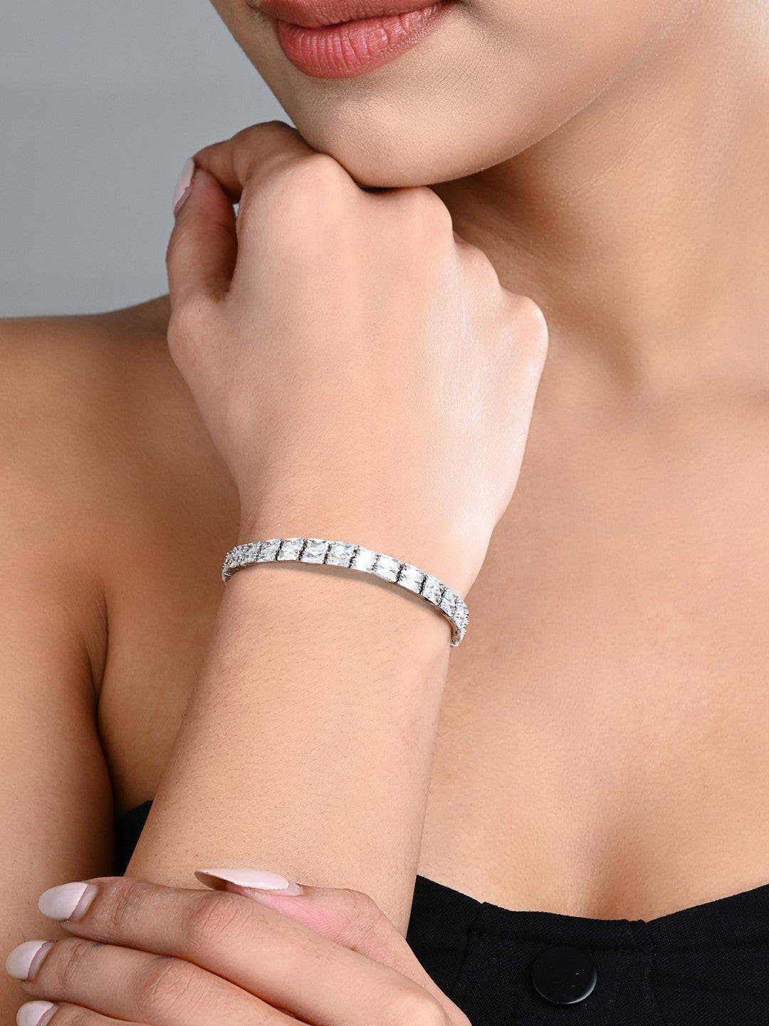 Elegant Silver-Tone CZ Tennis Bangle Bracelet double line