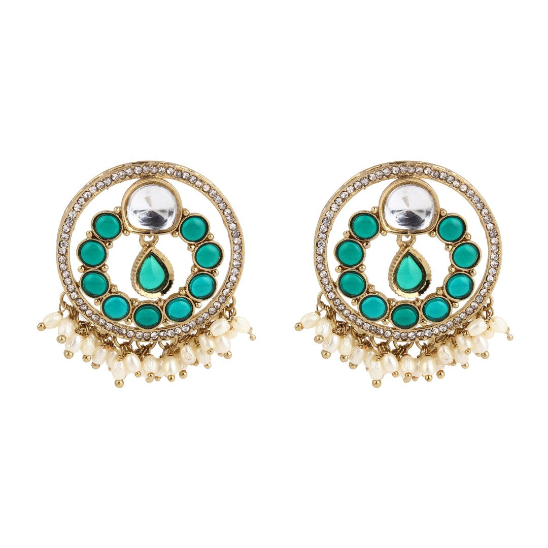 Regal Kundan Pearl Chandbali Earrings - Green