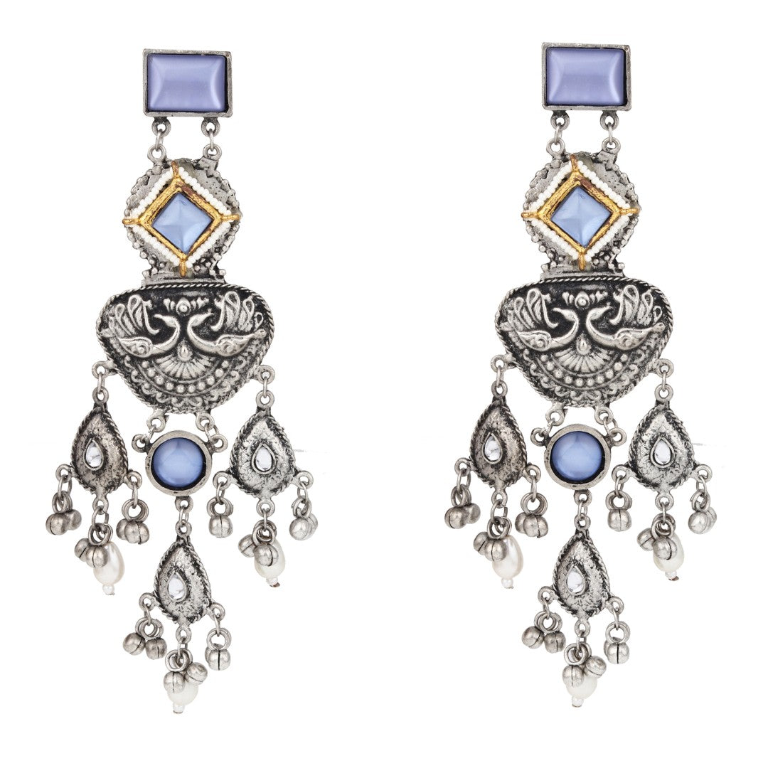 Silver oxydised lightweight long Drop Earring with Blue Stone