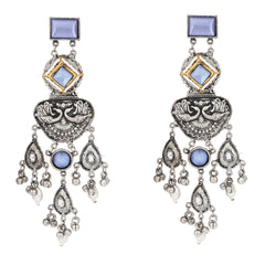 Silver oxydised lightweight long Drop Earring with Blue Stone