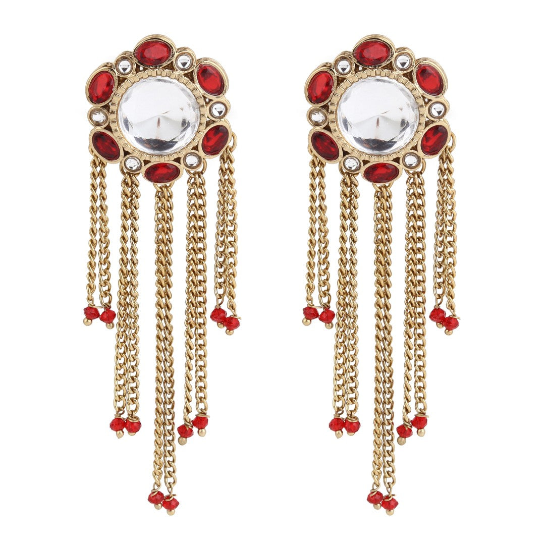 Kundan Tassel Drop Earrings - Red