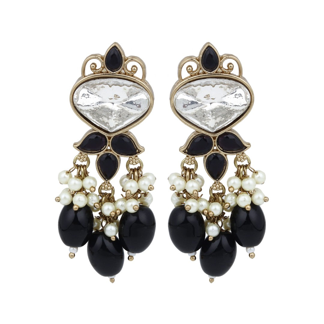 Gold plated Kundan & Pearl drop Earrings- Black