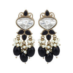 Gold plated Kundan & Pearl drop Earrings- Black