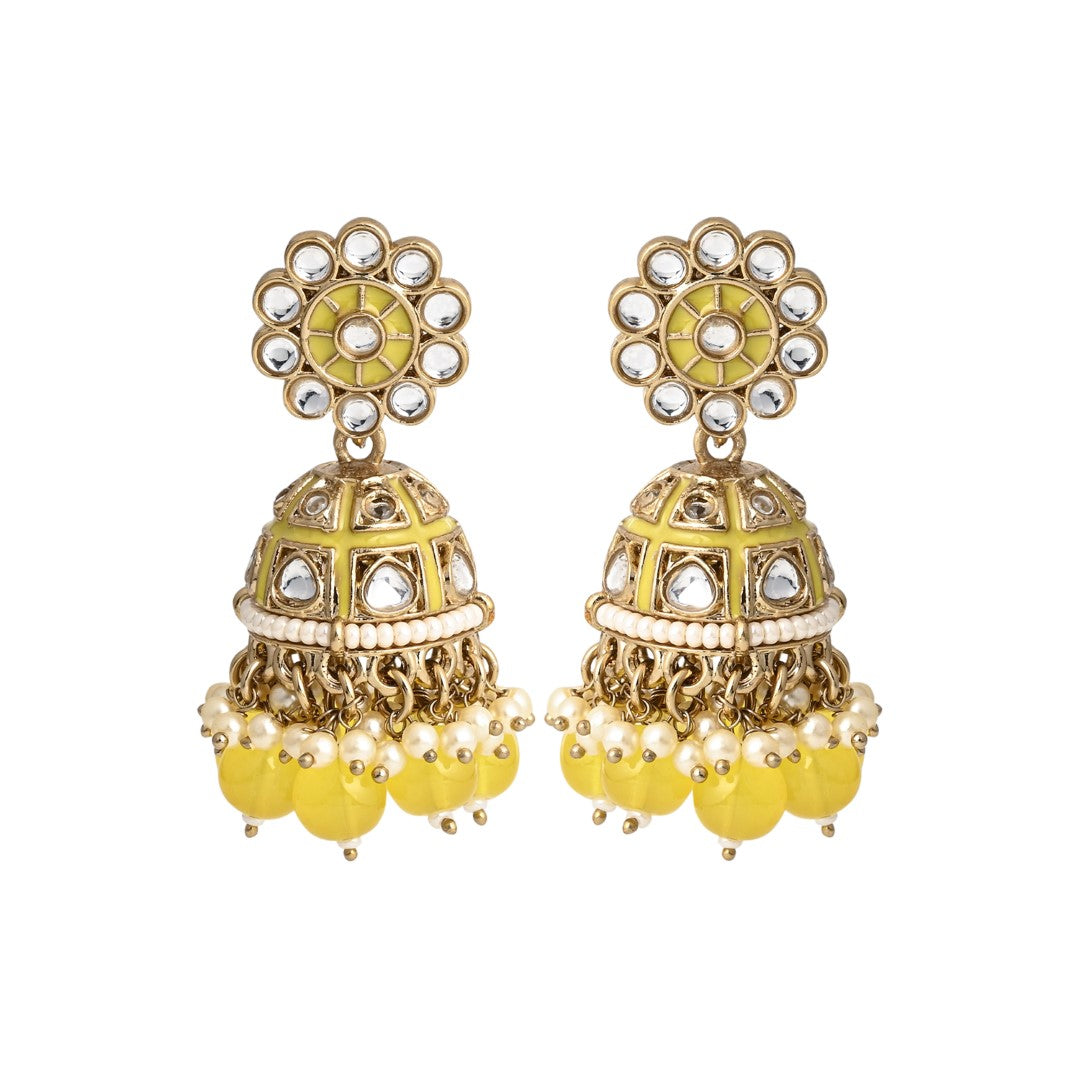 Gold plated kundan & Yellow Meenakari Jhumka Earring