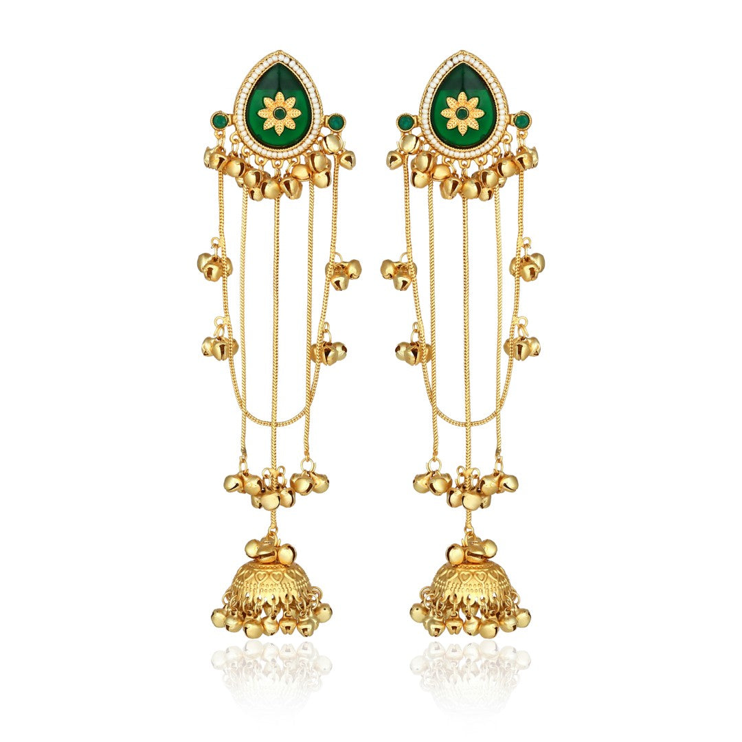 Gold Green Meenakari Jhumka Drop Earrings