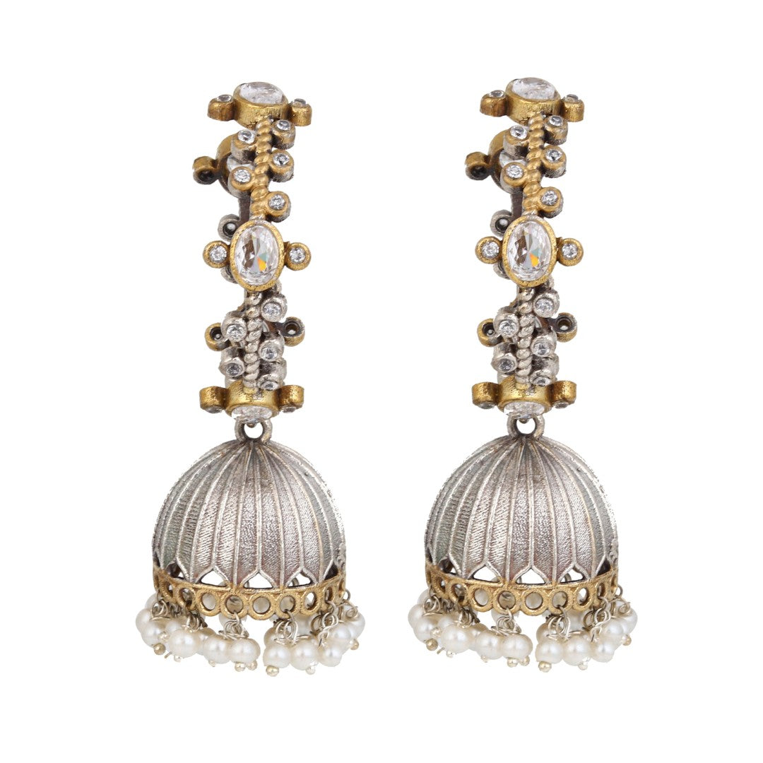 Two-Tone Brass Stone-Studded Jhumka Earrings