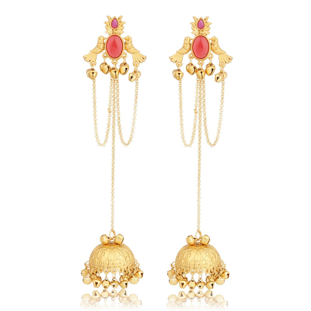 ruby Red Temple Jhumka Earrings with Chain Tassels