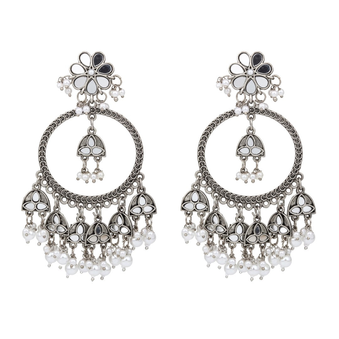 Oxidised Silver Floral Chandbali Earrings