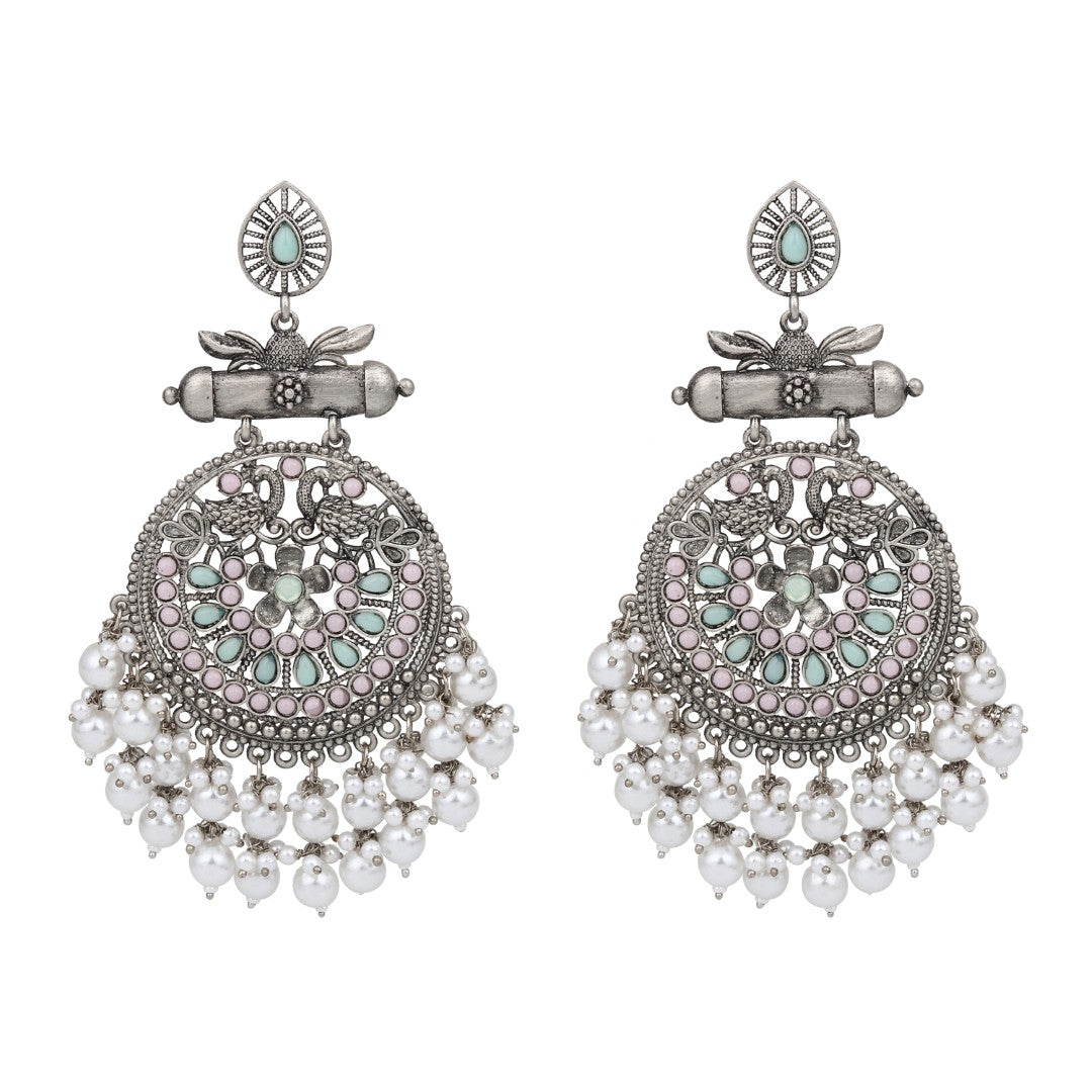 Oxidised Silver Meenakari Peacock Earrings