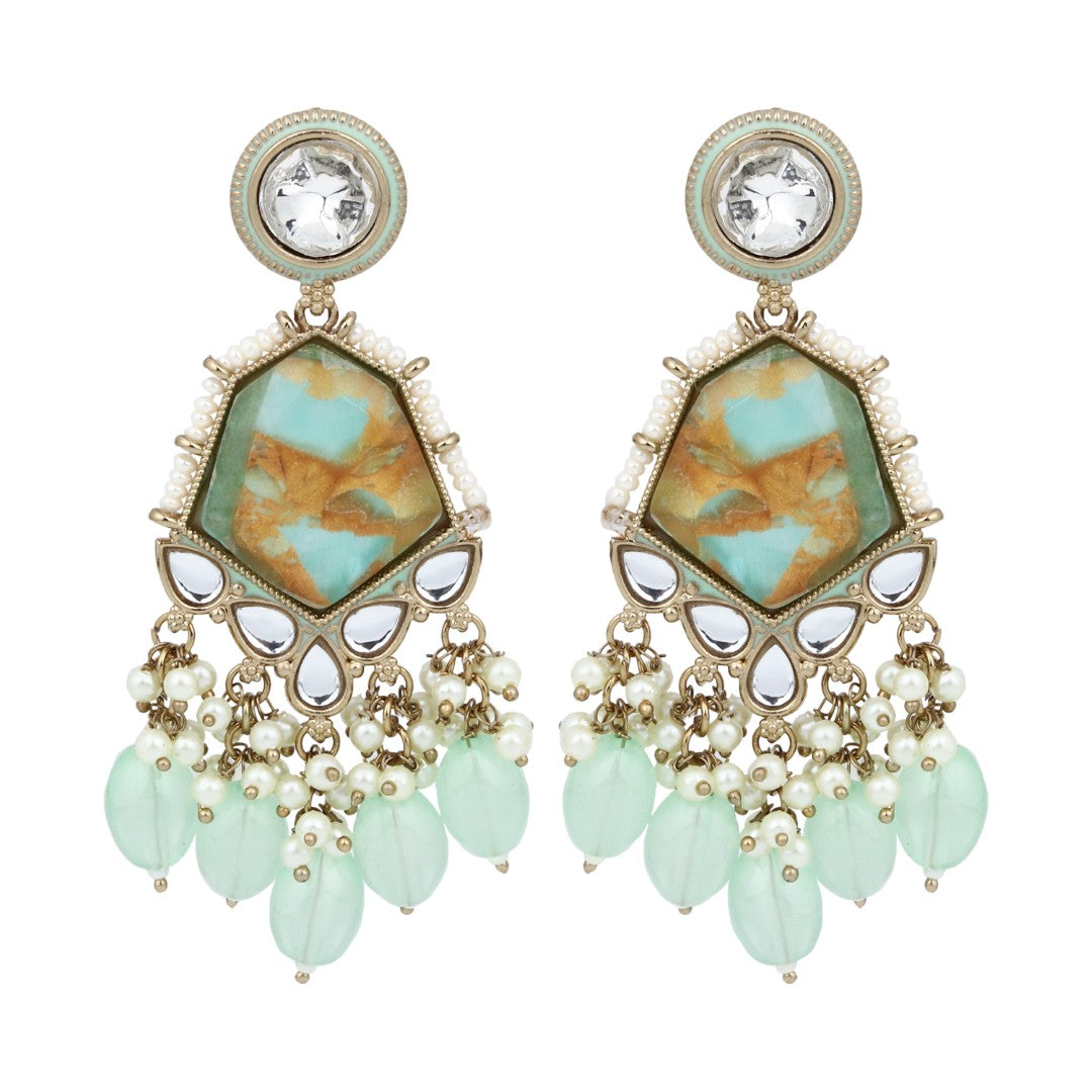Gold plated two tone Geometric stone drop earring - Sage green