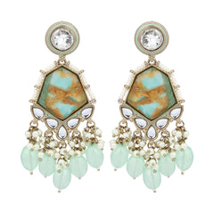 Gold plated two tone Geometric stone drop earring - Sage green