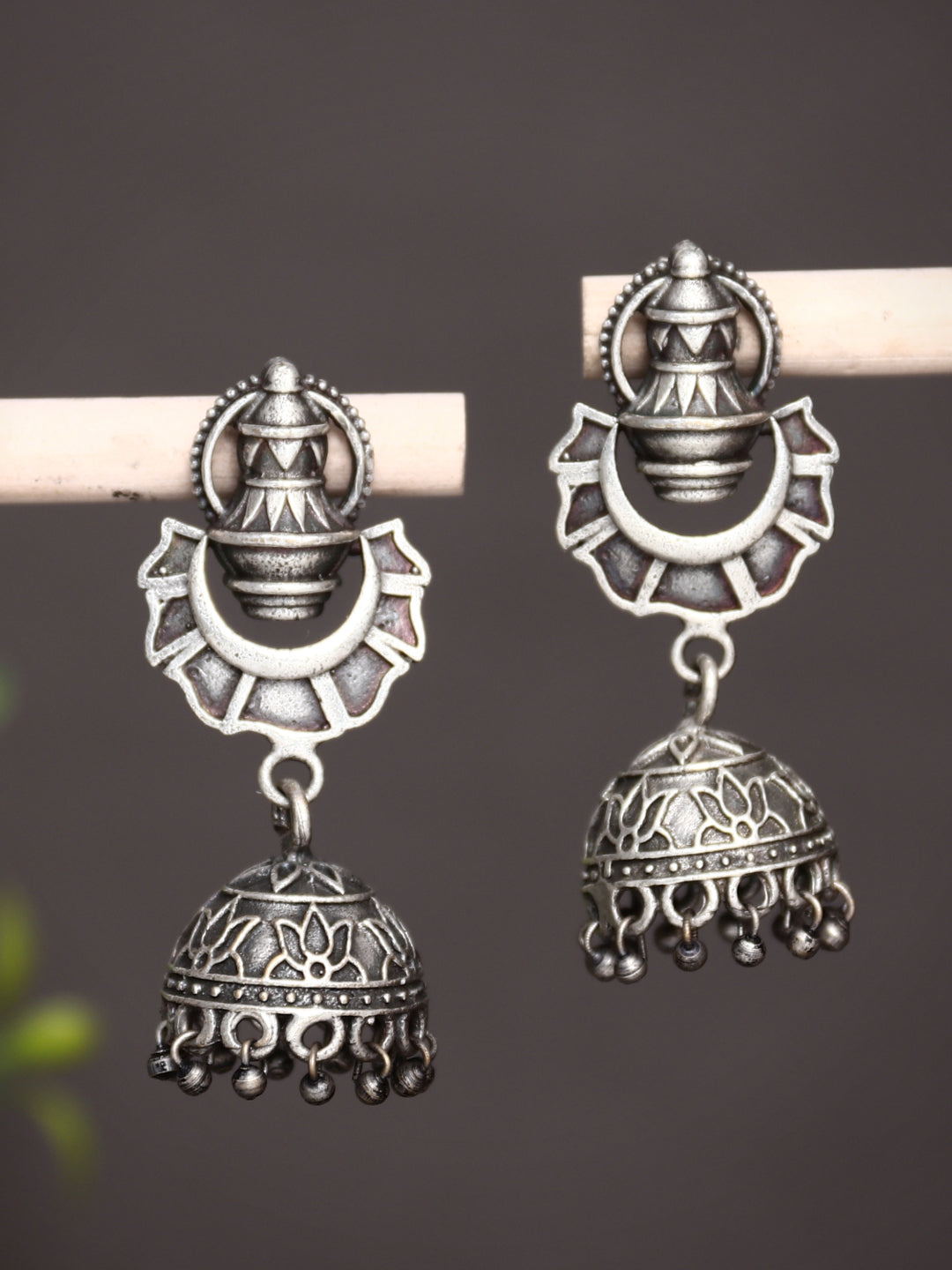 Silver Oxidised temple design jhumka