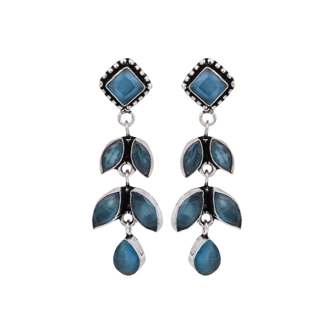 Silver Oxidized Leaf Drop Earrings Blue