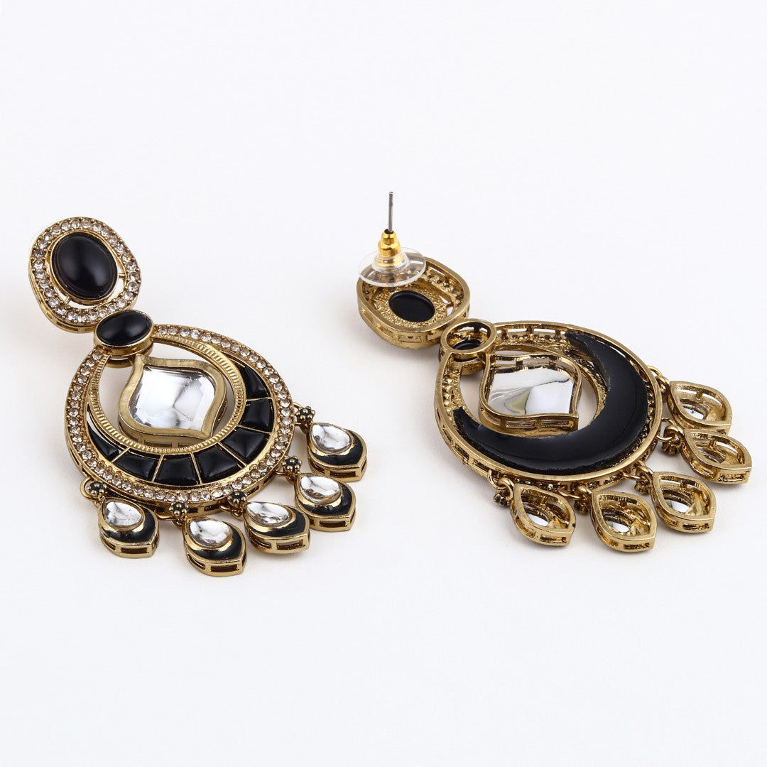 Kundan Chandbali Earrings with Teardrop Danglers- Black