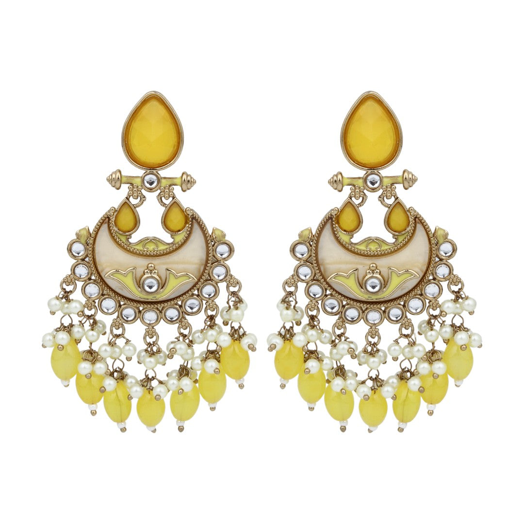 Gold-Plated Meenakari Chandbali Earrings with Kundan & Pearl Drops - Yellow