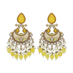 Gold-Plated Meenakari Chandbali Earrings with Kundan & Pearl Drops - Yellow