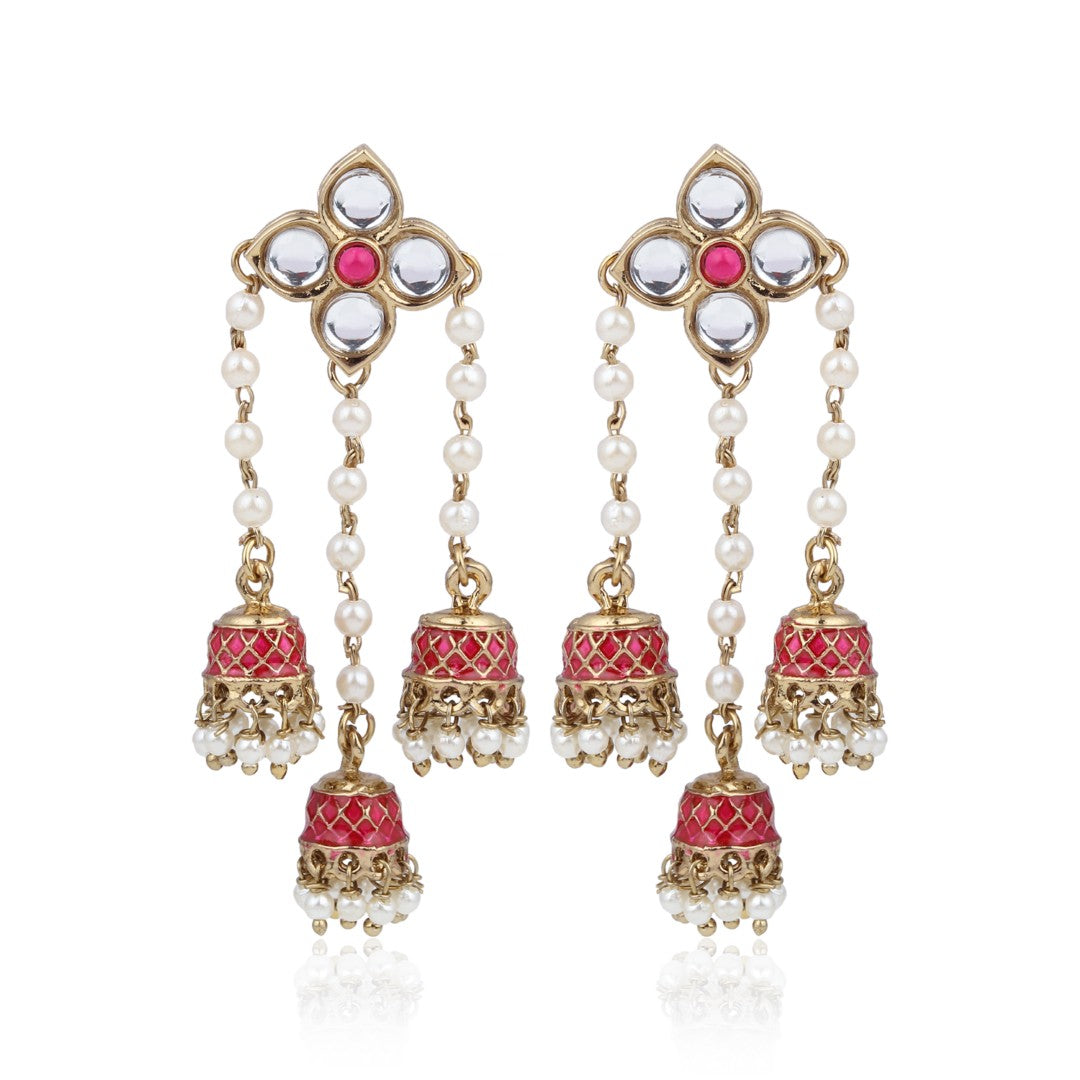 Kundan Pearl Tassel Statement Earrings - Red
