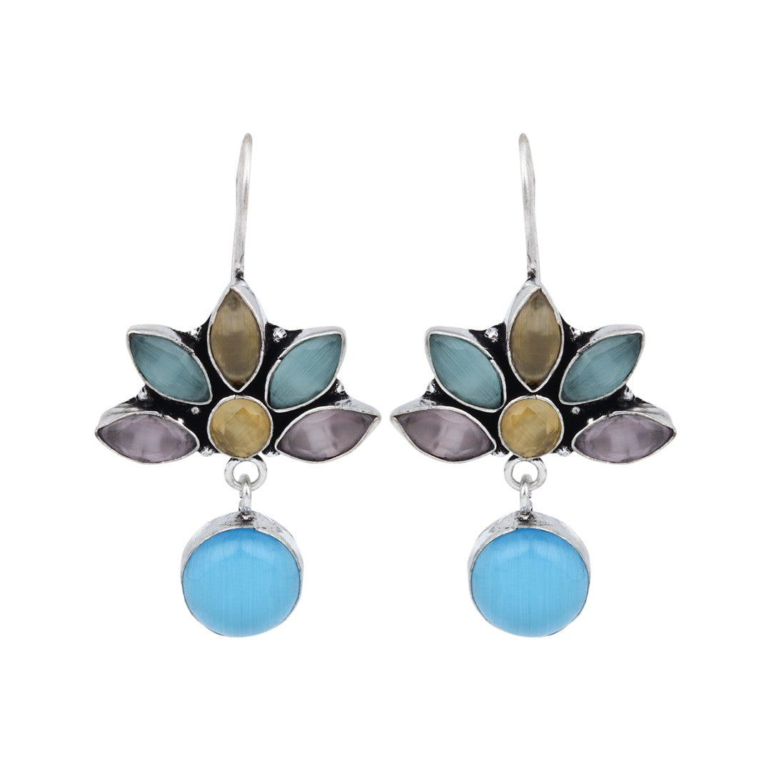 Silver Oxidized Lotus Drop Earrings Multi