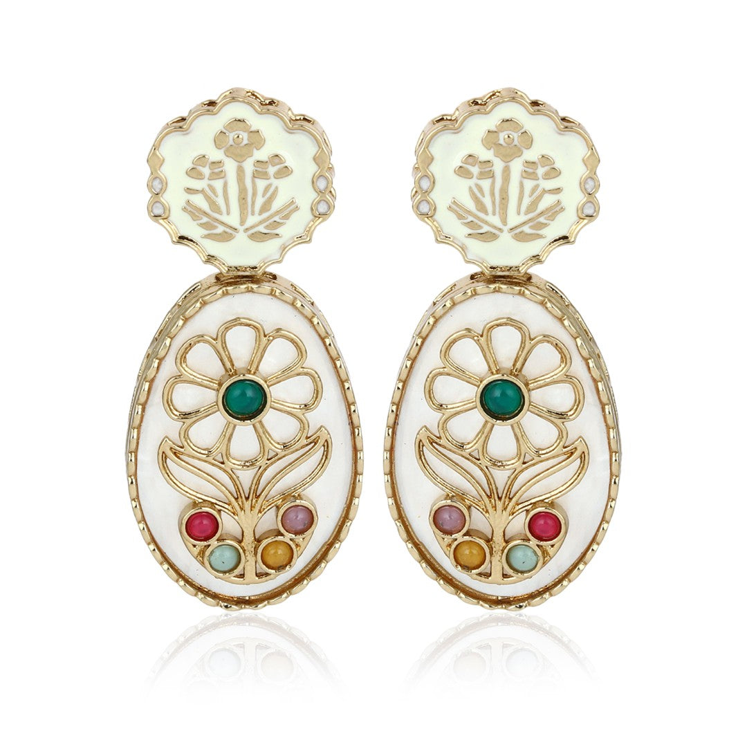 MOP Meenakari Floral Drop Earrings - Green