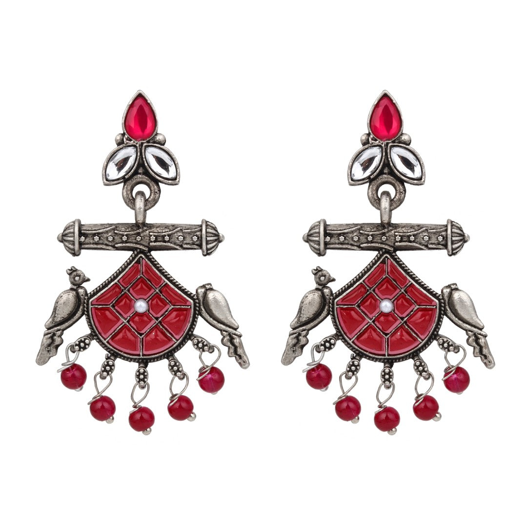 Silver plated bird drop earring - red